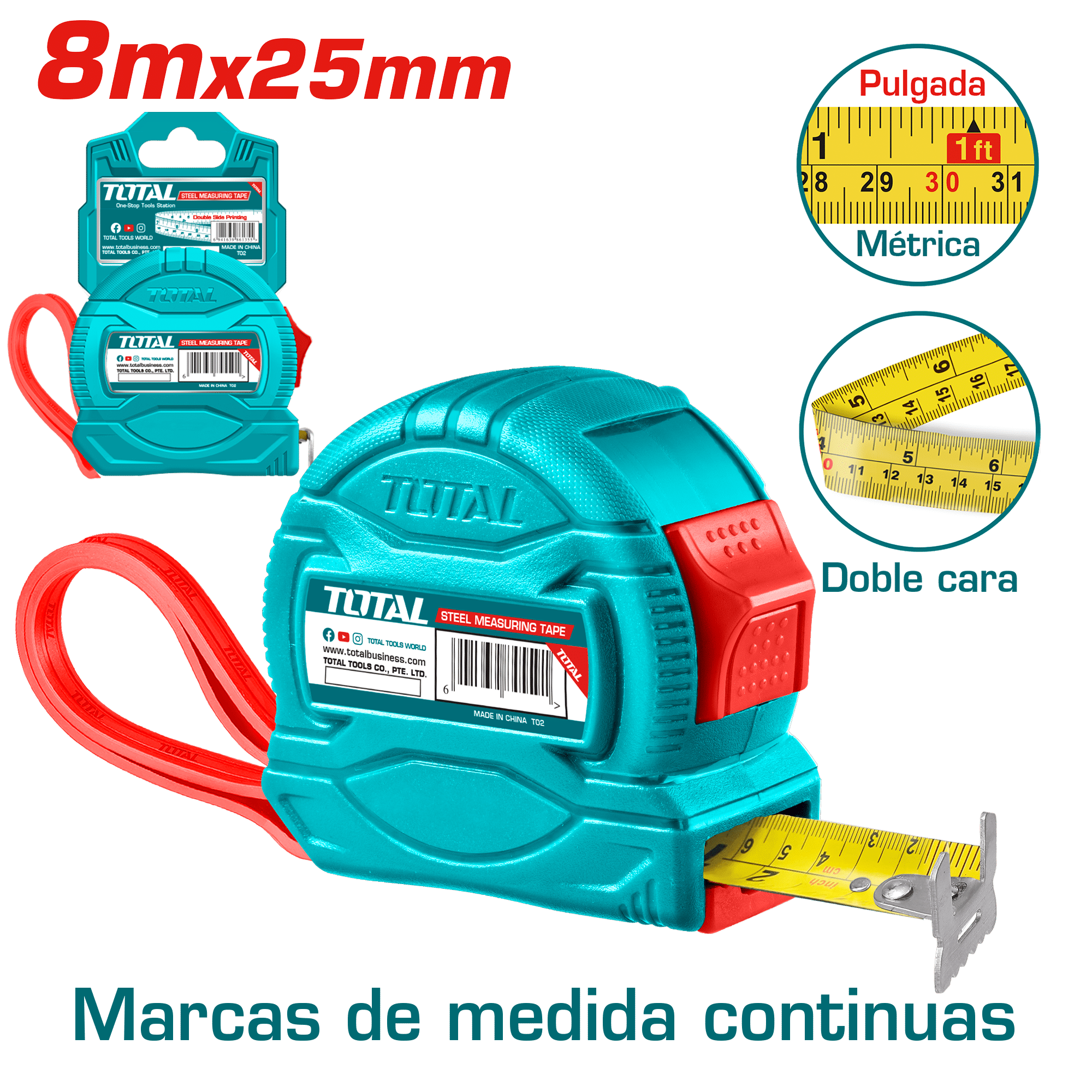 CINTA METRICA DE ACERO/ABS 1 BOT DOBLE LADO 8MX25MM