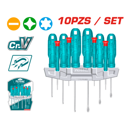 SET DESTORNILLADORES 10PCS CR.V 3XSL+3PH+4PRECISION 75/100/150MM MAG.+SOPORTE