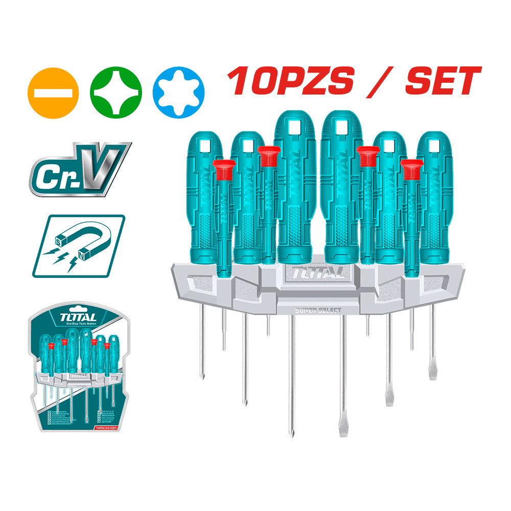SET DESTORNILLADORES 10PCS CR.V 3XSL+3PH+4PRECISION 75/100/150MM MAG.+SOPORTE