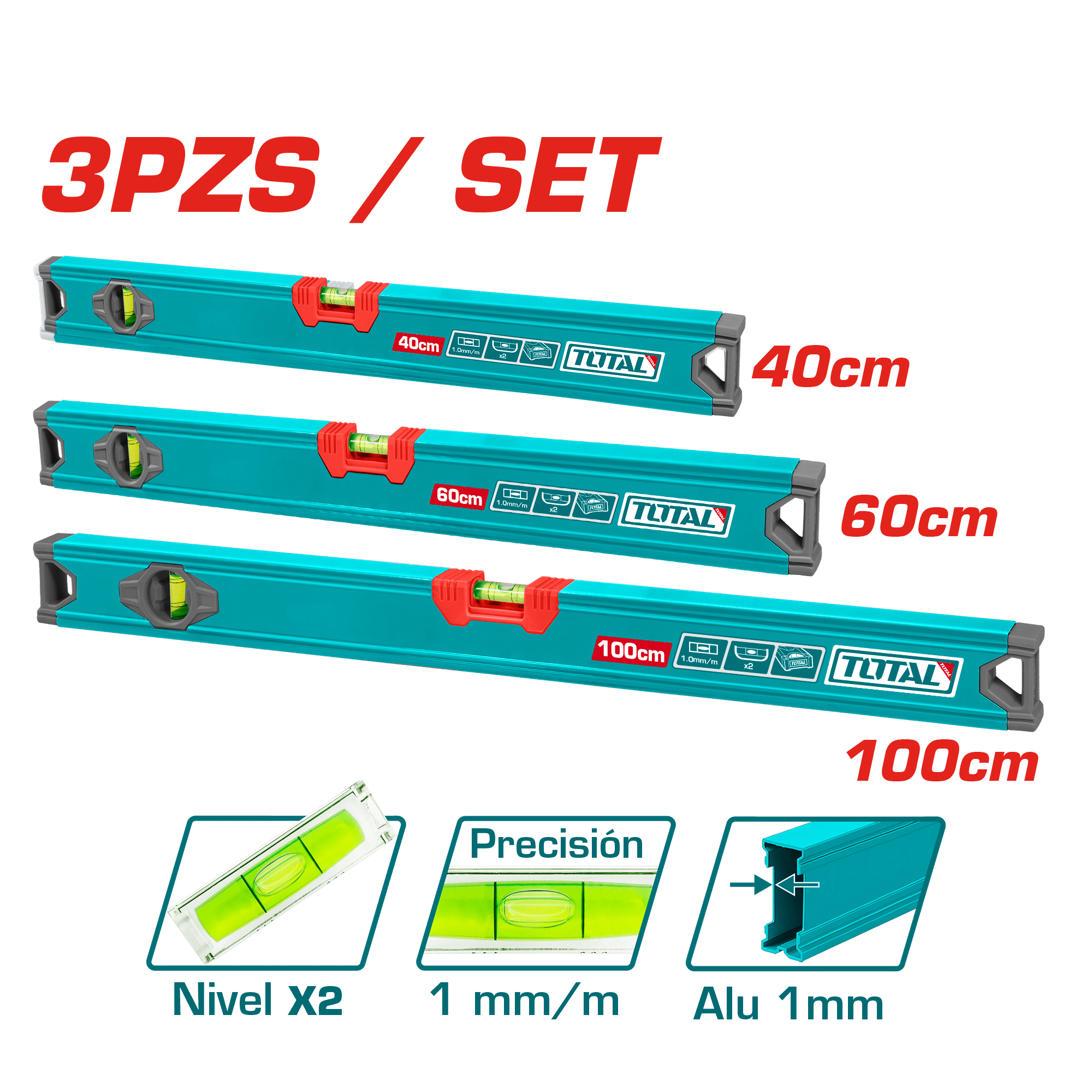 SET NIVEL BURBUJA 40/60/100CM PRES:1MM AL