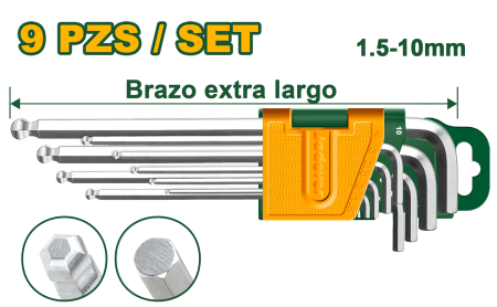 SET DE LLAVES ALLEN HEX 9PCS 1.5-10MM CRV PUNTA REDONDA EXTRA LARGO
