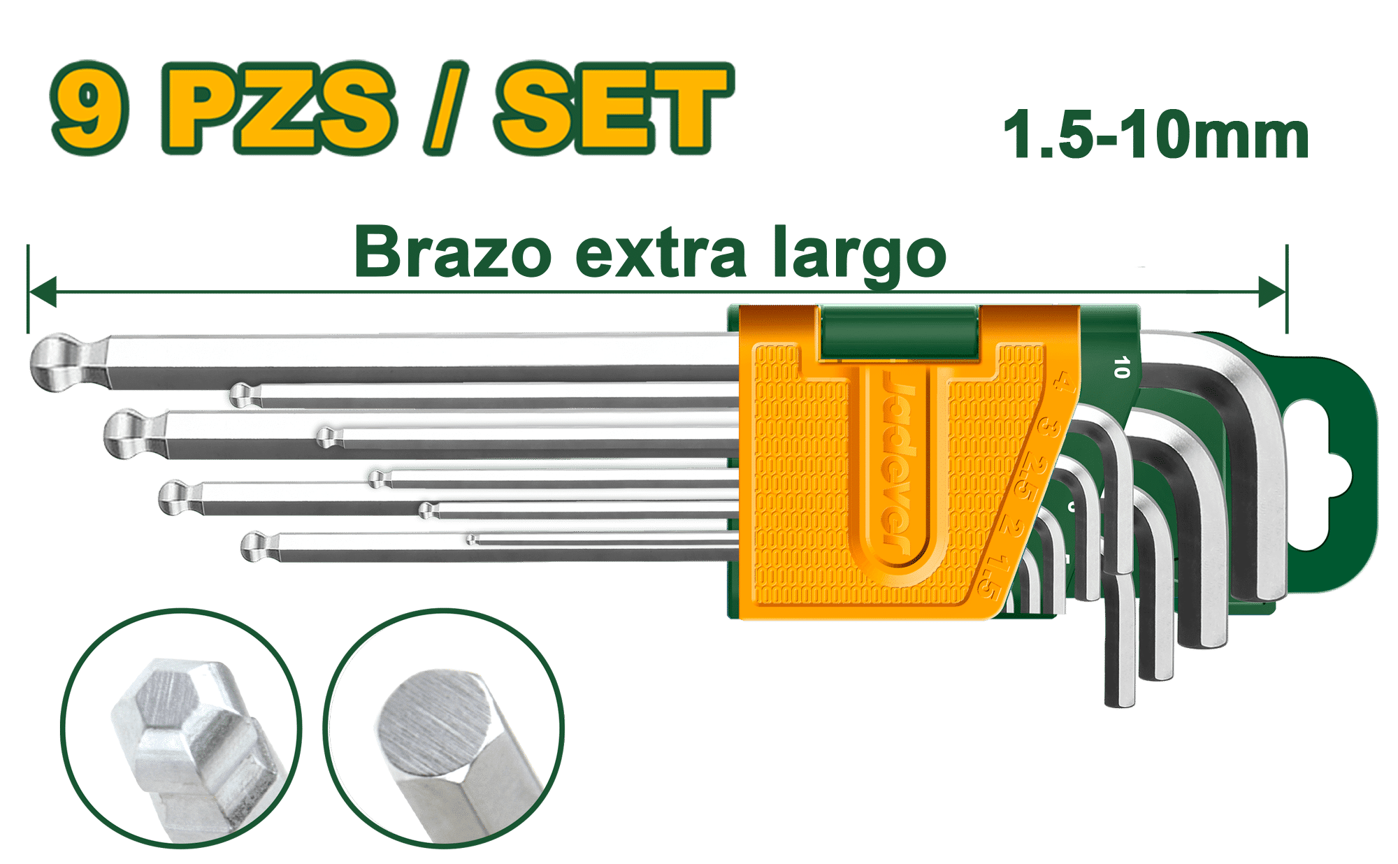 SET DE LLAVES ALLEN HEX 9PCS 1.5-10MM CRV PUNTA REDONDA EXTRA LARGO