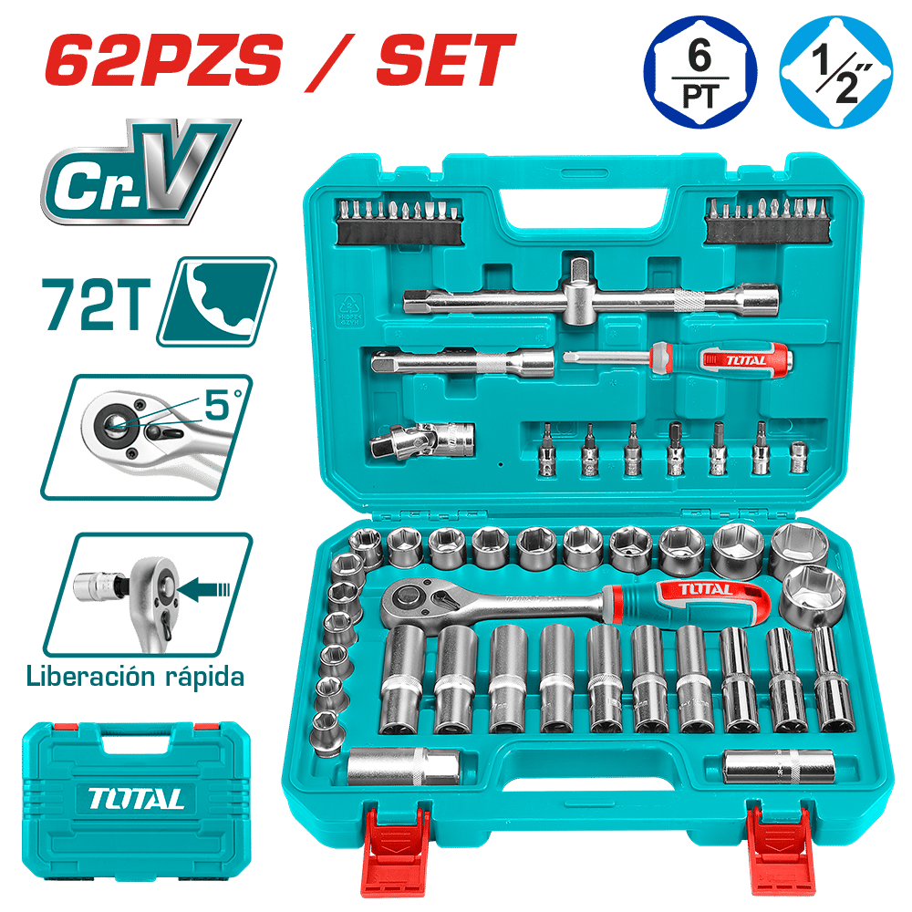 SET RACHET 1/2 + SOCKET CR-V ACERO 62PCS MALETIN BMC INDUSTRIAL
