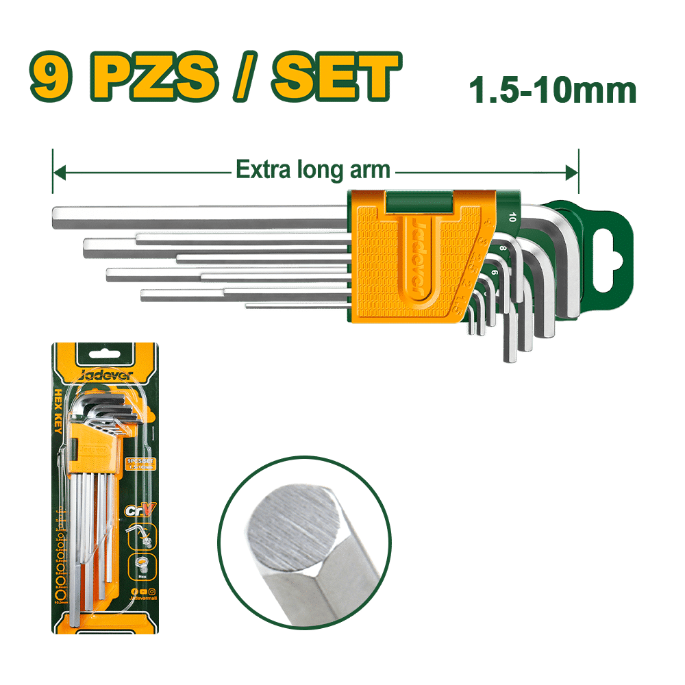 SET DE LLAVES ALLEN HEX 9PCS 1.5-10MM CRV EXTRA LARGO