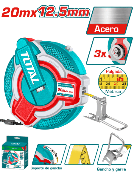 CINTA METRICA ACERO 20M X 12.5MM + GANCHO VELOCIDADX3 INDUSTRIAL