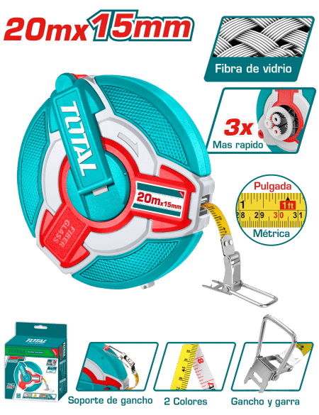 CINTA METRICA FIBRA DE VIDRIO 20M X 15MM + GANCHO VELOCIDADX3 INDUSTRIAL