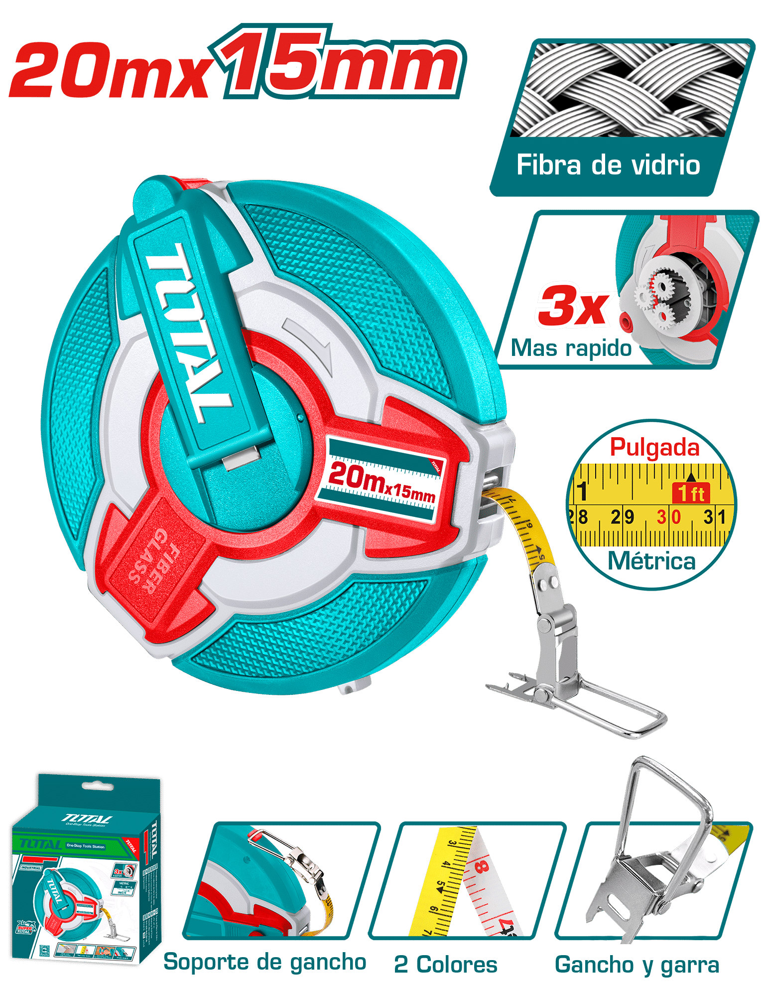 CINTA METRICA FIBRA DE VIDRIO 20M X 15MM + GANCHO VELOCIDADX3 INDUSTRIAL