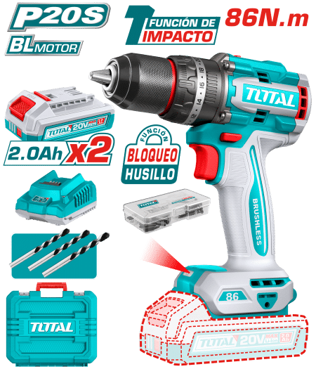 TALADRO PERCUTOR 20V BL 86NM 13MM 20+1+1 B:2X4.0AH +ACC MALETIN INDUSTRIAL