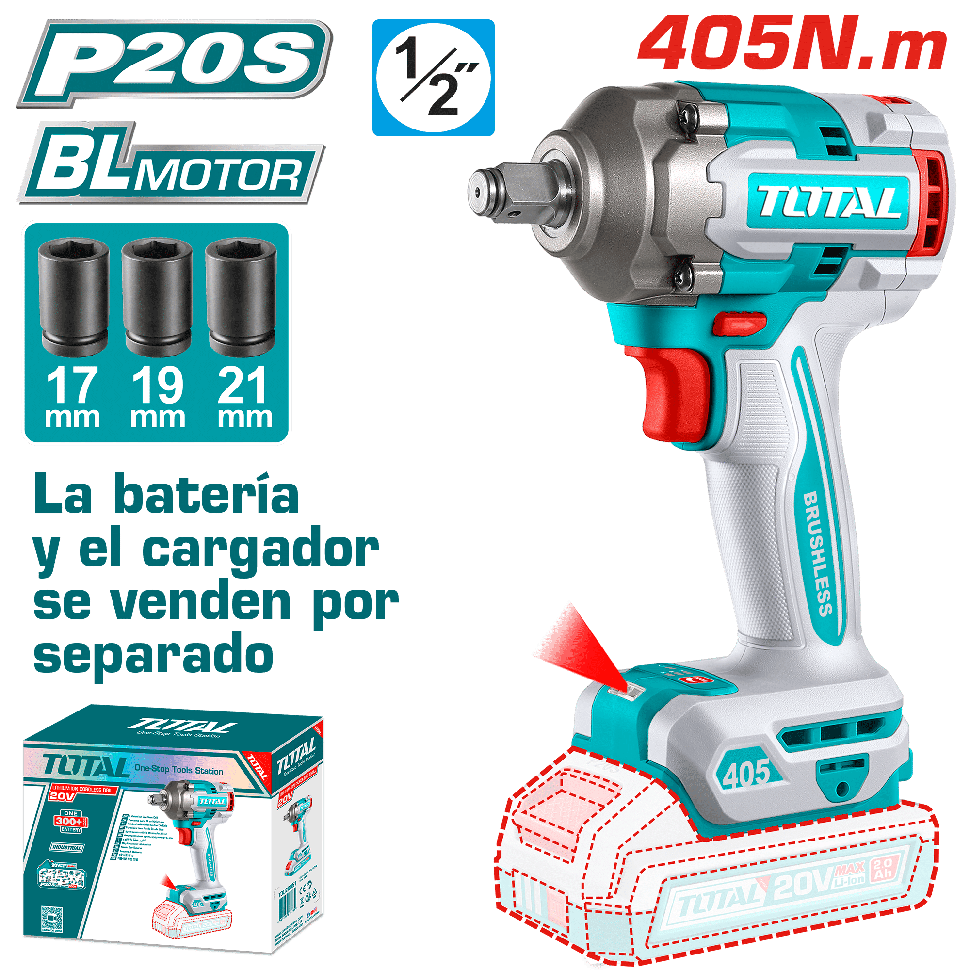 LLAVE IMPACTO BL 20V 405NM 1/2'' 0-3000BPM MALETIN + ACC INDUSTRIAL