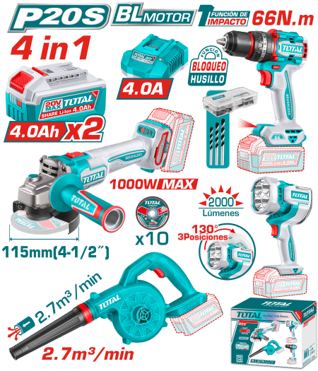COMBO 4 EN 1. 20V TALADRO 66NM + AMOLADORA 1000W + SOPLADORA + LINTERNA + ACC 2X4.0AH INDUSTRIAL