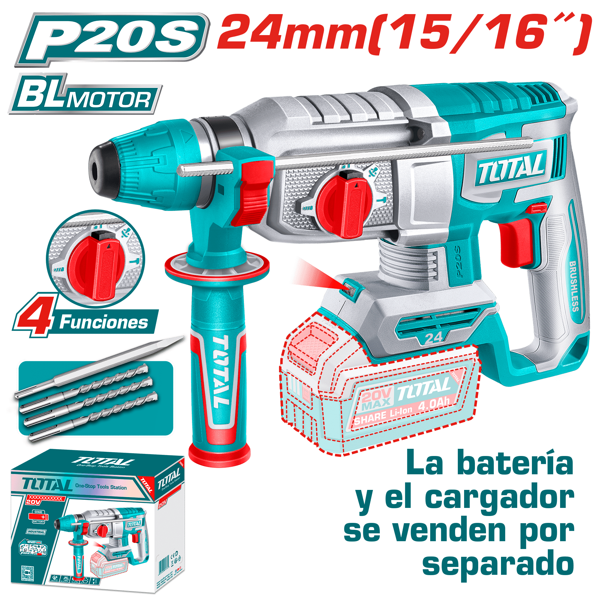 ROTOMARTILLO SDS+ 24MM 20V 2.4J 0-4900BPM BRUSHLESS 4FUNC INDUSTRIAL