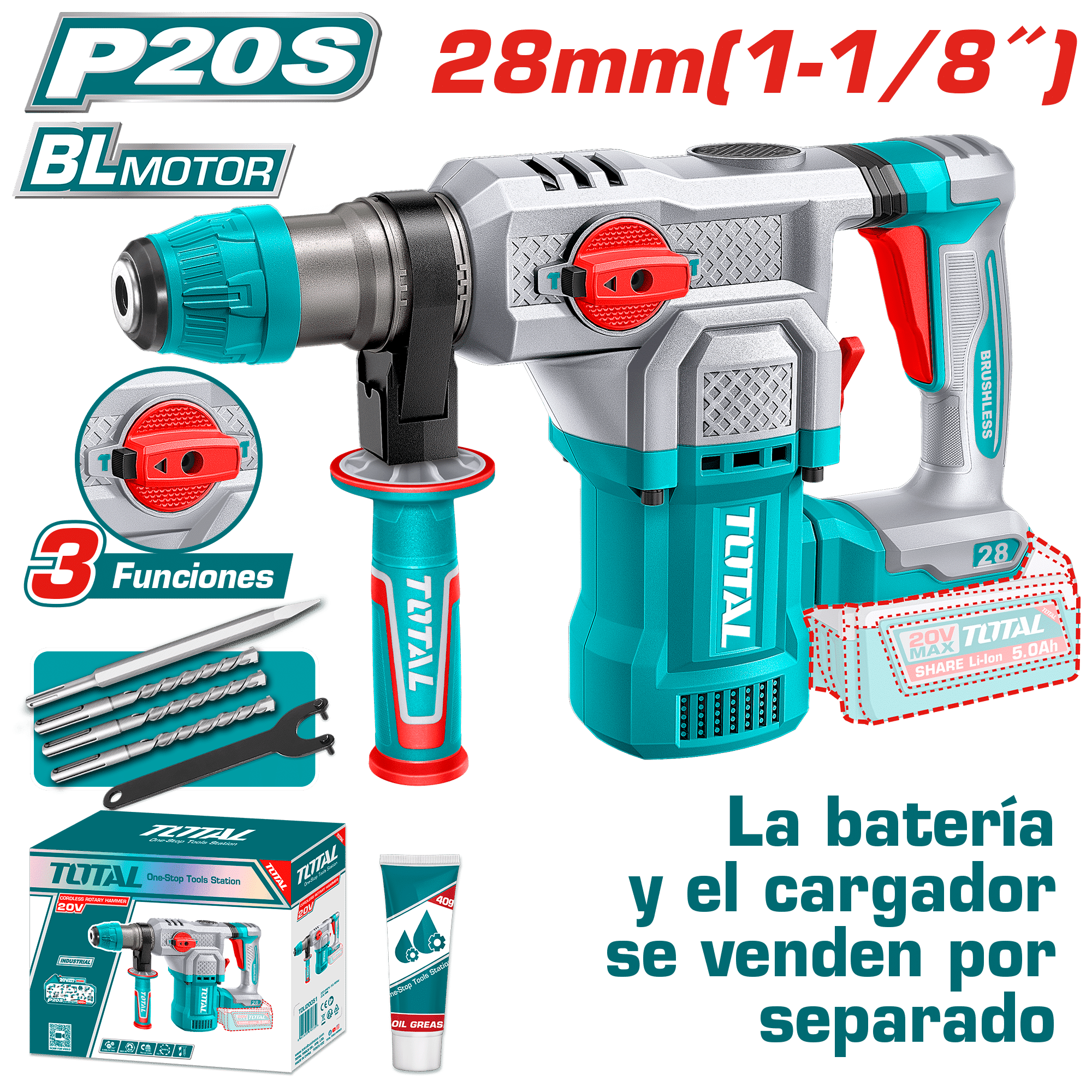 ROTOMARTILLO SDS+ 28MM 20V BL 4.5J 0-44000BPM 3FUN INDUSTRIAL