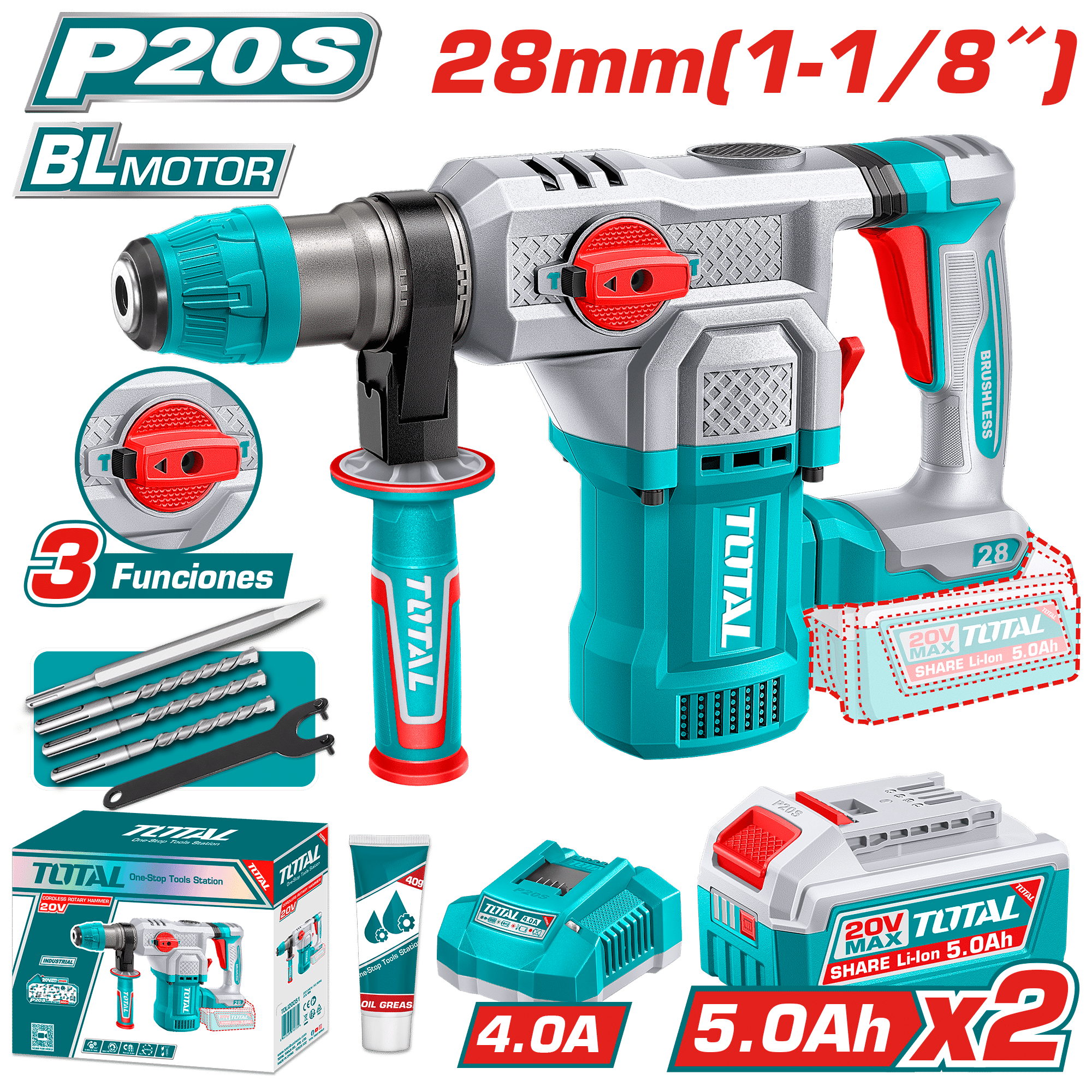 ROTOMARTILLO SDS+ 28MM 20V BL 4.5J 0-44000BPM 2X5.0AH 3FUN +ACC INDUSTRIAL