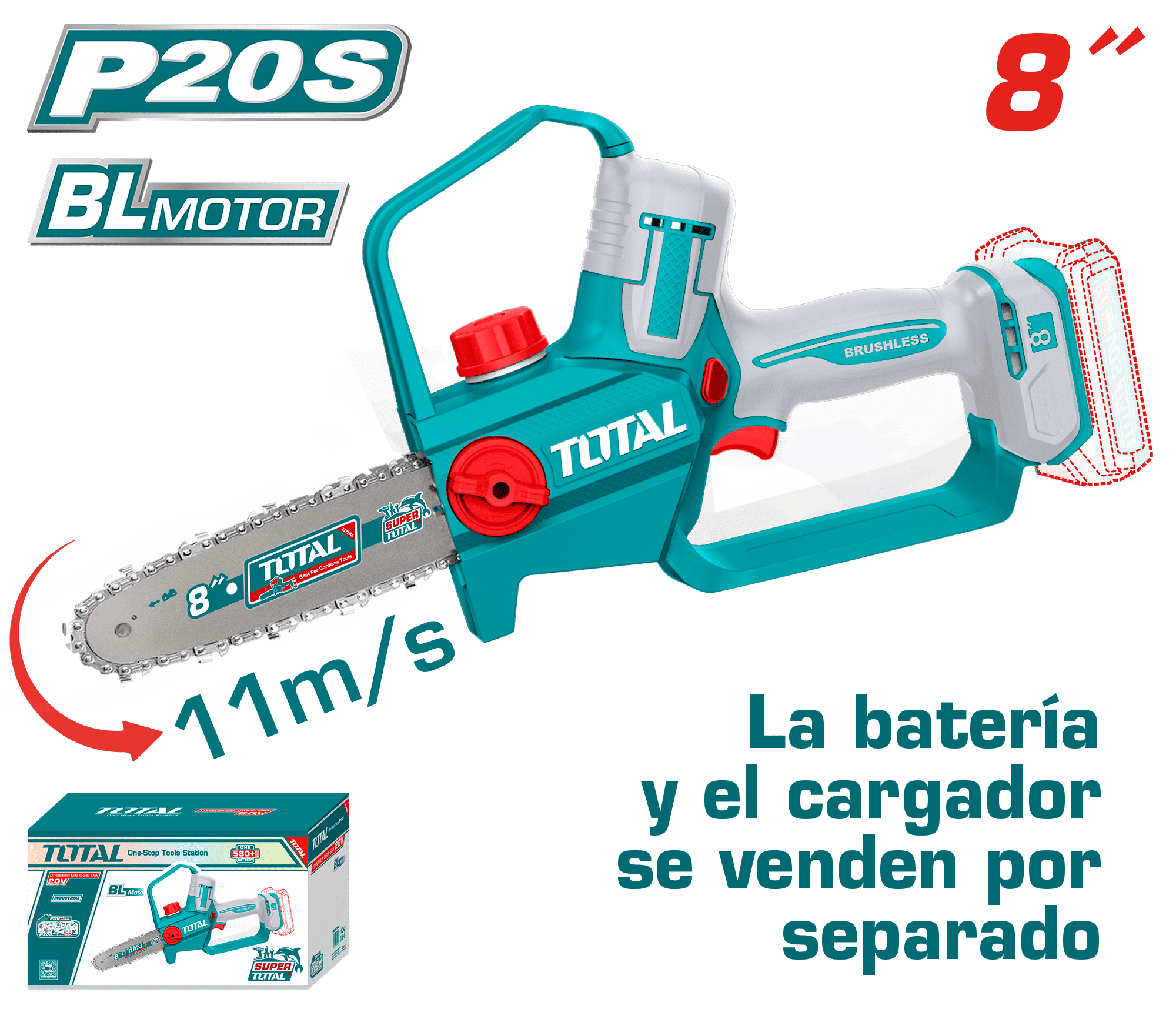 SIERRA DE CADENA LI-ION 20V 8'' 20CM 11M/S + ACC INDUSTRIAL