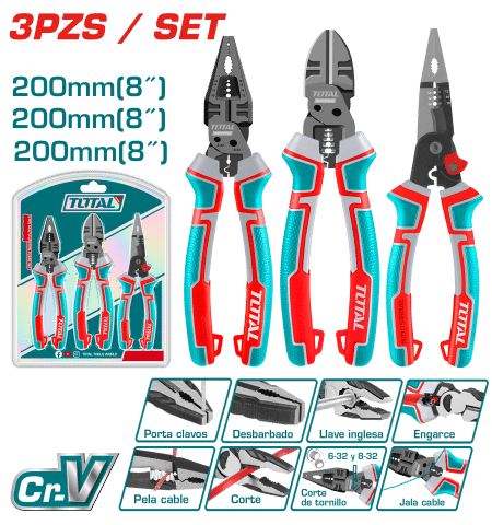 SET DE ALICATES 3PCS CR-V 200MM(8'') (ONE TIME) INDUSTRIAL