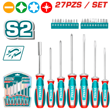 SET DESTORNILLADORES 27PCS S2 3XSL + 3XPH + SOPORTE 1/4 + 20 PUNTAS 1/4''