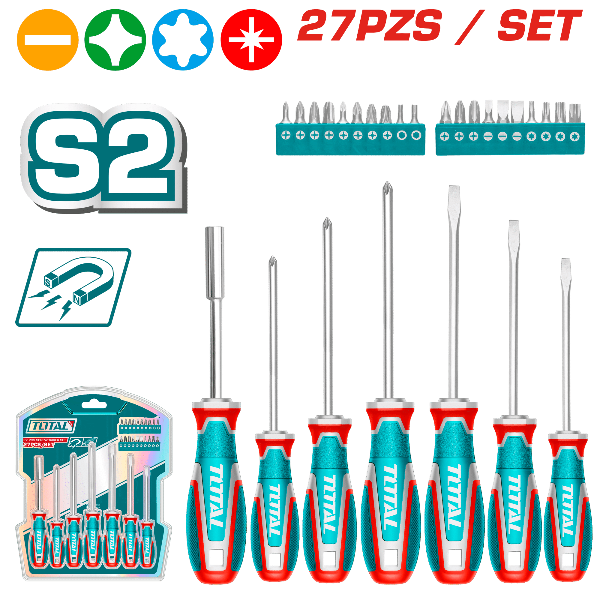 SET DESTORNILLADORES 27PCS S2 3XSL + 3XPH + SOPORTE 1/4 + 20 PUNTAS 1/4''