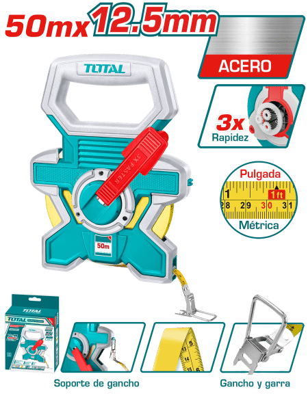 CINTA METRICA ACERO 50M X 12.5MM + GANCHO VELOCIDADX3 INDUSTRIAL