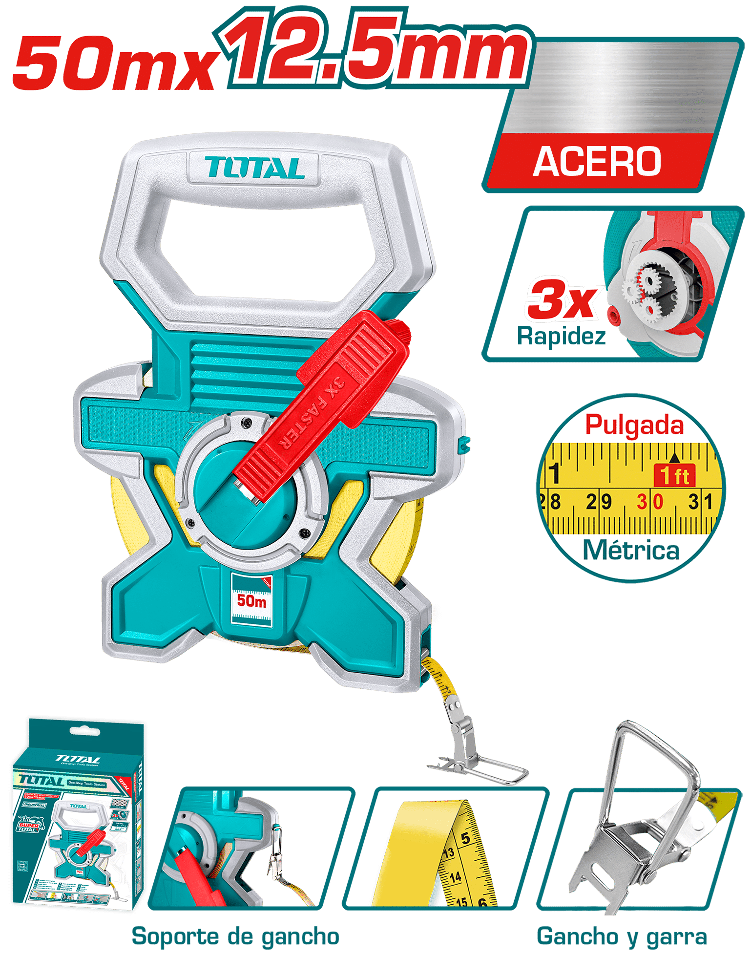 CINTA METRICA ACERO 50M X 12.5MM + GANCHO VELOCIDADX3 INDUSTRIAL