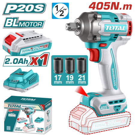 LLAVE IMPACTO BL 20V 405NM 1/2'' 0-3000BPM 1X2.0AH MALETIN + ACC INDUSTRIAL