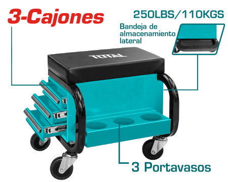ASIENTO CON RUEDAS 3 CAJONES + 3 PORTA OBJETOS 250LBS INDUSTRIAL