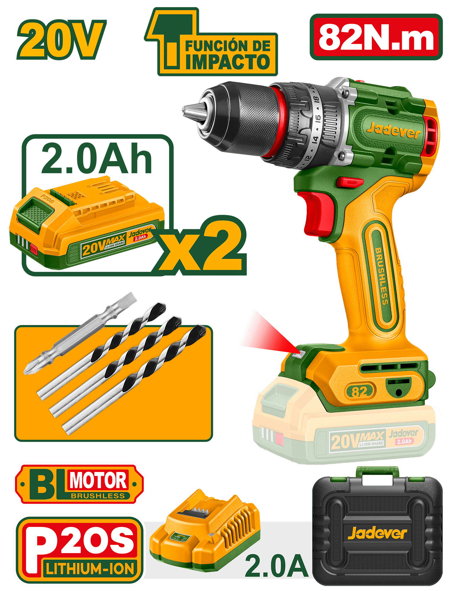 TALADRO PERCUTOR BL 20V 82NM13MM 2X2.0AH +ACC+MALETIN INDUSTRIAL