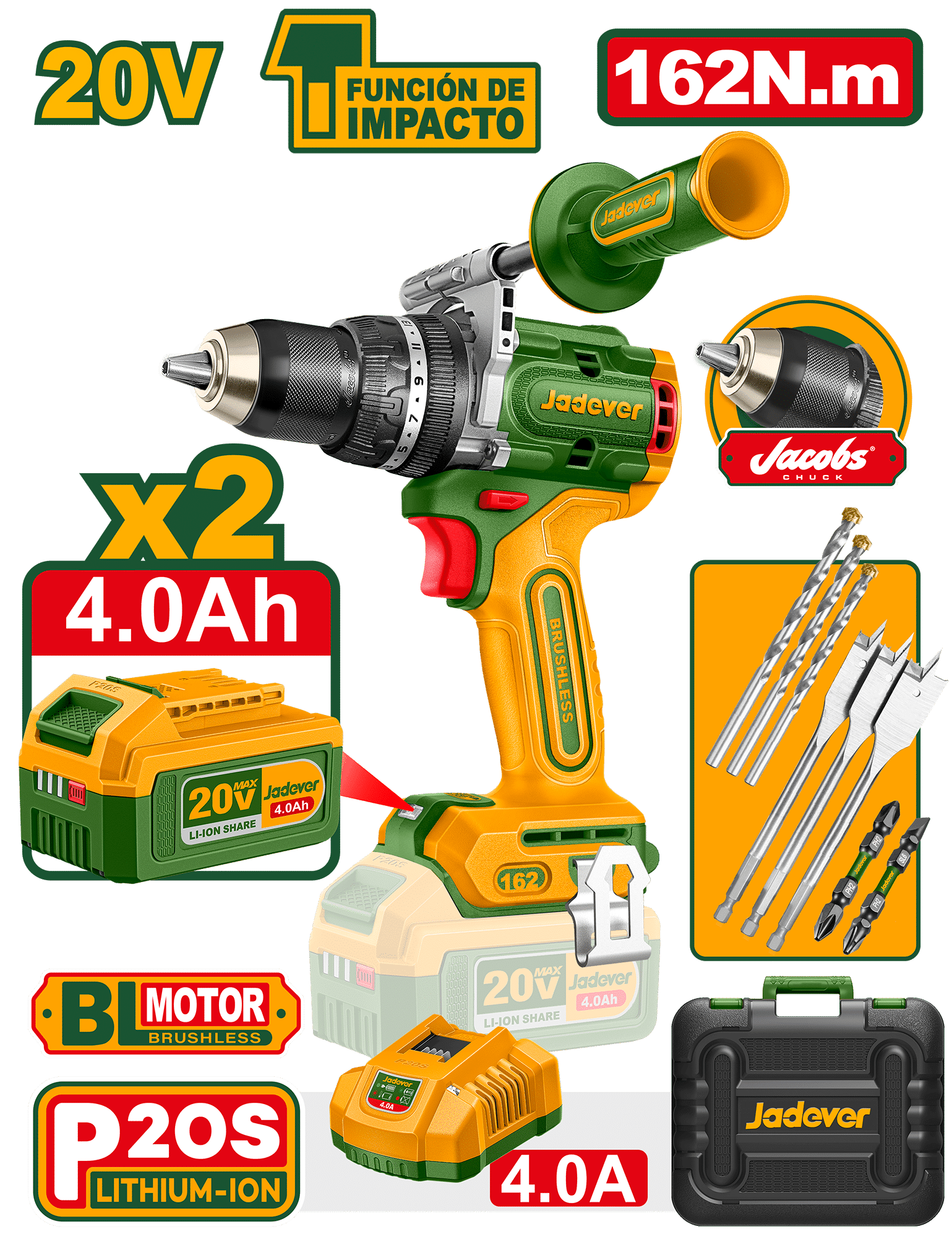 TALADRO PERCUTOR BL 20V 162NM13MM 2X4.0AH +ACC+MALETIN INDUSTRIAL