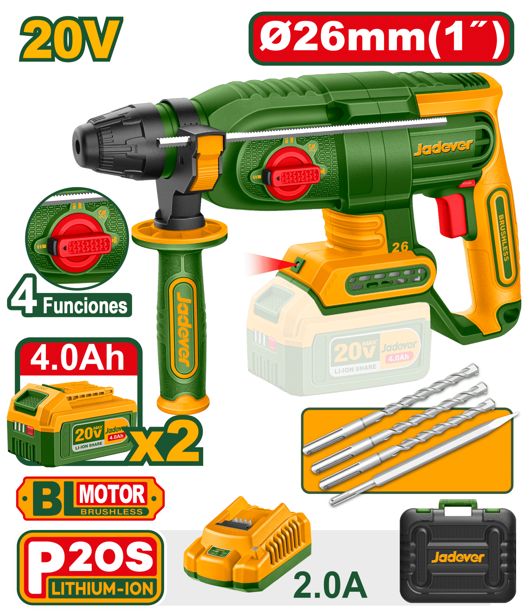 ROTOMARTILLO SDS+ 20V 26MM 2.5J 0-5000BPM 2X4.0AH + ACC MALETIN