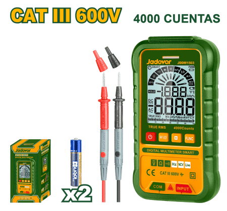 MULTIMETRO DIGITAL 4000 CONTEOS CAT III 600V LCD AC/DC SMART FUNC. 2XAAA BAT