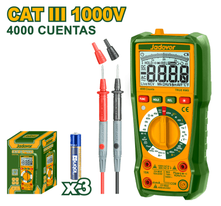 MULTIMETRO DIGITAL 4000 CONTEOS AC/DC CAT III 1000V RE:40 OHM CAP:100MF F:10MHZ