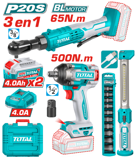 COMBO 3 EN 1. LLAVE IMPACTO 500NM + LLAVE RATCHET 65NM + LINTERNA + ACC 2X4.0AH INDUSTRIAL