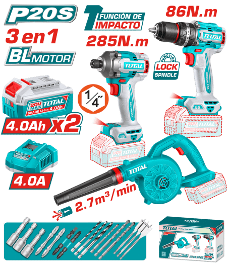 COMBO 3 EN 1 TALADRO IMP. 86NM + LLAVE 285NM + SOPLADOR 2X4.0AH + ACC INDUSTRIAL