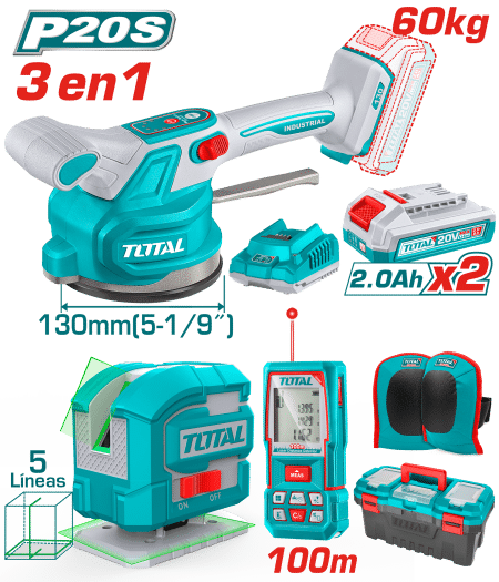 COMBO 3 EN 1. VIBRADOR BALDOSAS + MEDIDOR LASER 100M + NIVEL LASER 5L + ACC +2X2.0AH INDUSTRIAL