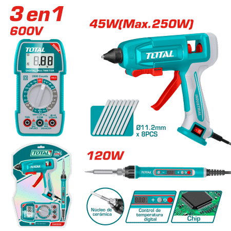 COMBO MULTIMETRO 600V + PISTOLA SILICONA 250W + CAUTIN 120W + ACC INDUSTRIAL
