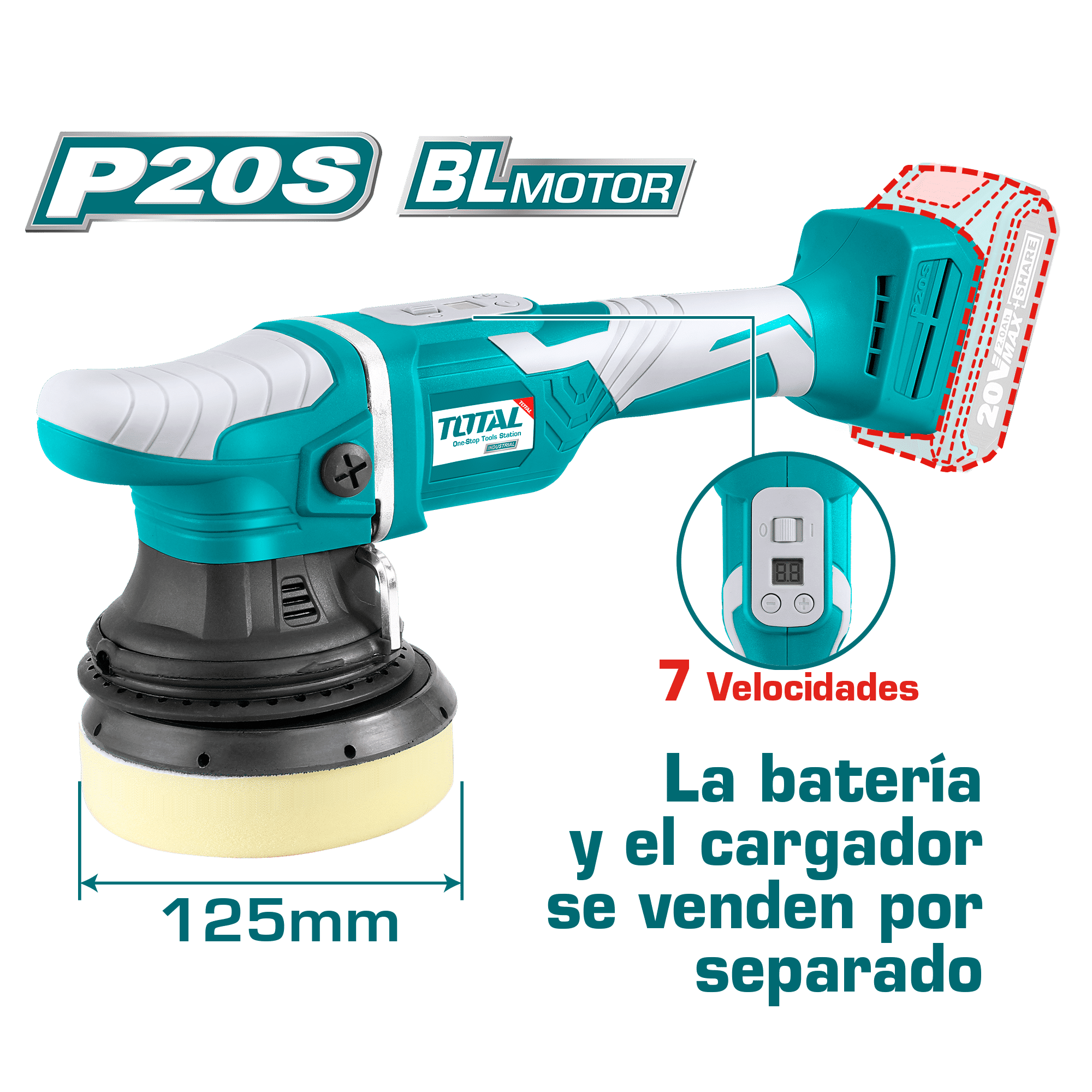 PULIDORA ROTO-ORBITAL 20V 125MM(5”) 2000-4800RPM BRUSHLESS 7 VELOC. INDUSTRIAL