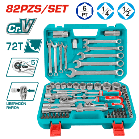 SET HERRAMIENTAS RACHET + LLAVES 82PCS CR.V 72T 1/4 + 1/2 SOCKETS MALETIN INDUSTRIAL