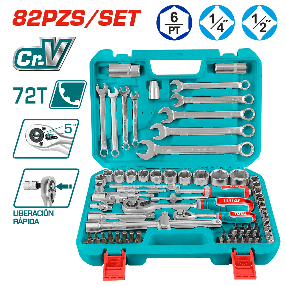SET HERRAMIENTAS RACHET + LLAVES 82PCS CR.V 72T 1/4 + 1/2 SOCKETS MALETIN INDUSTRIAL