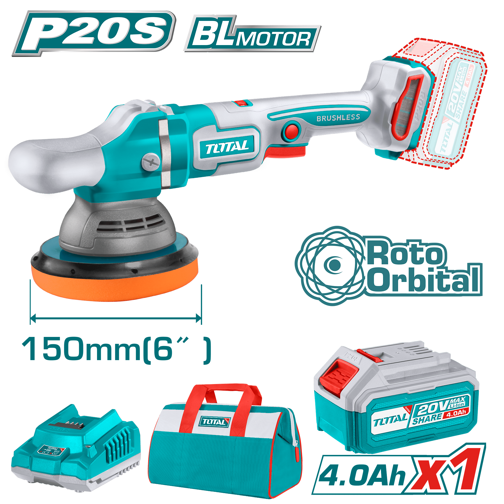 PULIDORA ROTO-ORBITAL 20V 150MM(6'') 2000-4500RPM BRUSHLESS 1X4.0AH M. LONA INDUSTRIAL