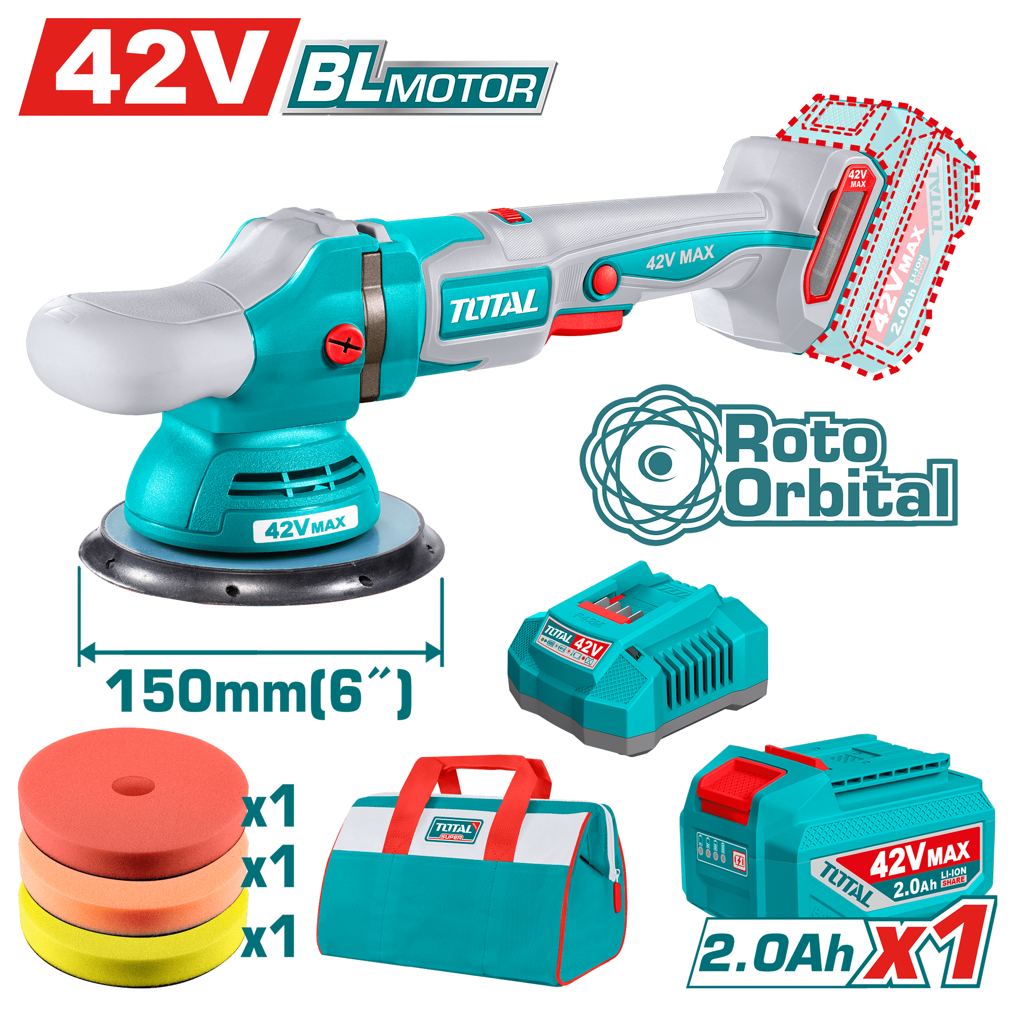 PULIDORA ROTO-ORBITAL 42V 150MM(6'') 2000-4500RPM 1X2.0AH + ACC INDUSTRIAL