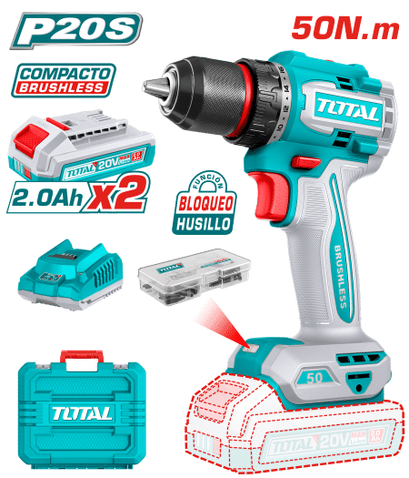 TALADRO 20V BL 50NM 13MM 20+1 COMPACTO 2X2.0AH + ACC MALETIN INDUSTRIAL