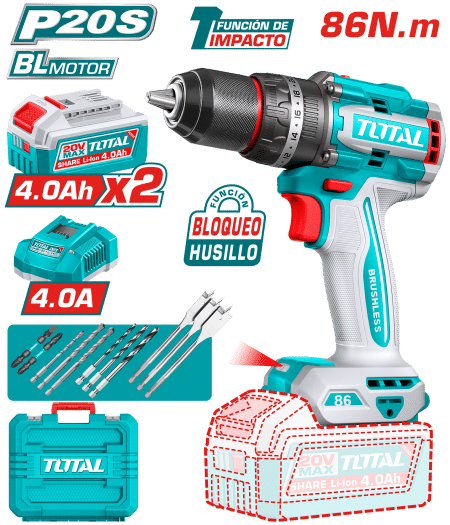 TALADRO PERCUTOR 20V BL 86NM 13MM 22+1+1 B:2X4.0AH +ACC MALETIN INDUSTRIAL