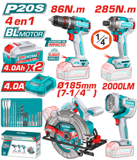 COMBO (4EN1) 20V BL TALADRO 86NM + ATORNILLADOR IMP 285NM + SIERRA 185MM + LINTERNA 2000LM +ACC INDUSTRIAL