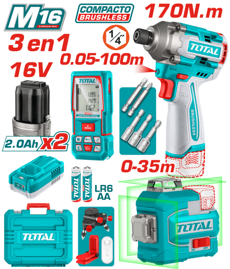 COMBO 3 EN 1 M16 DESORNILLADOR IMP 170NM + MEDIDOR LASER + NIVEL LASER 2X2.0AH INDUSTRIAL