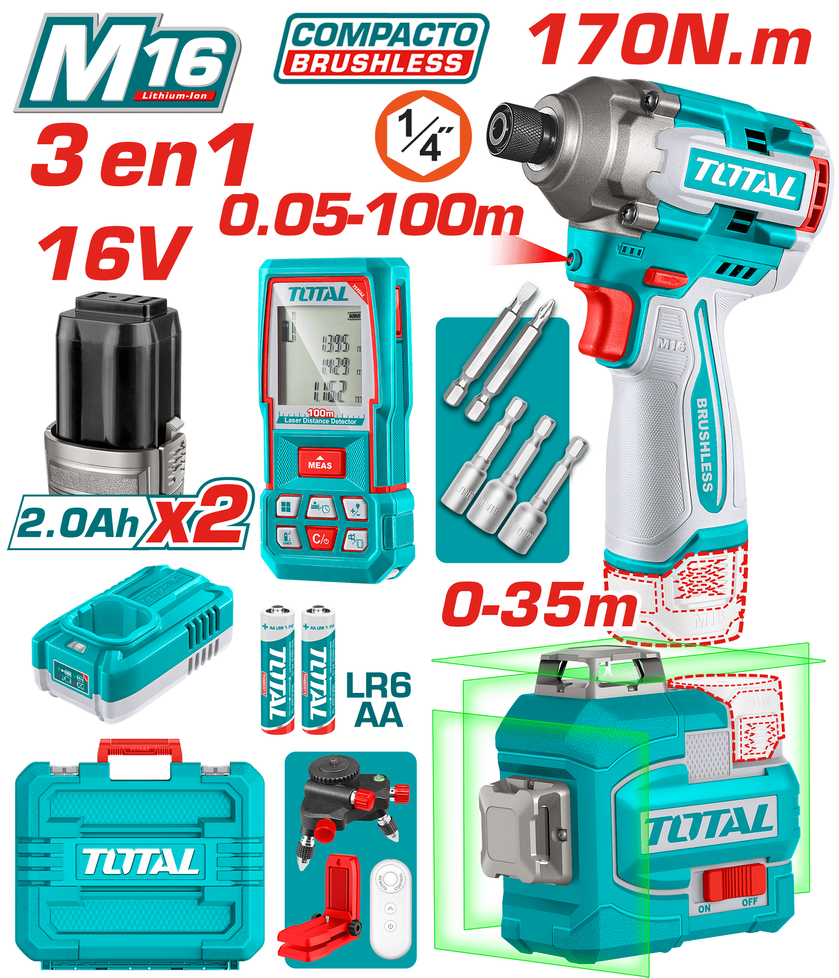 COMBO 3 EN 1 M16 DESORNILLADOR IMP 170NM + MEDIDOR LASER + NIVEL LASER 2X2.0AH INDUSTRIAL
