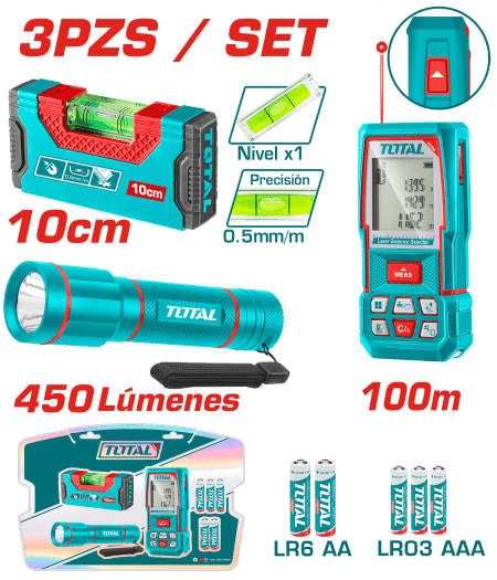 COMBO (3EN1) MEDIDOR LASER 100M + LINTERNA 250LM + NIVEL BURBUJA 10CM + PILAS INDUSTRIAL