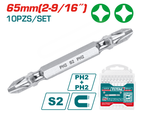SET DE PUNTAS S2 (PH2+PH2) 65MM 10PCS/SET NIQUELADO MAGNETICO INDUSTRIAL