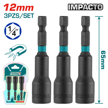 SET SOCKETS IMP. MAGNÉTICO 1/4'' HEX 12MM X65MM 50BV30 3PZS INDUSTRIAL