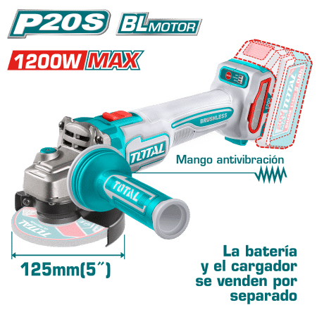 AMOLADORA 20V BL 3000-9000RPM 125MM M14 1200W ANTI-VIBRACION INDUSTRIAL