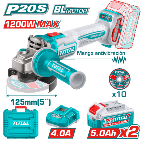 AMOLADORA 20V BL 3000-9000RPM 125MM M14 1200W ANTI-VIBRACION 2X5.0AH +ACC INDUSTRIAL