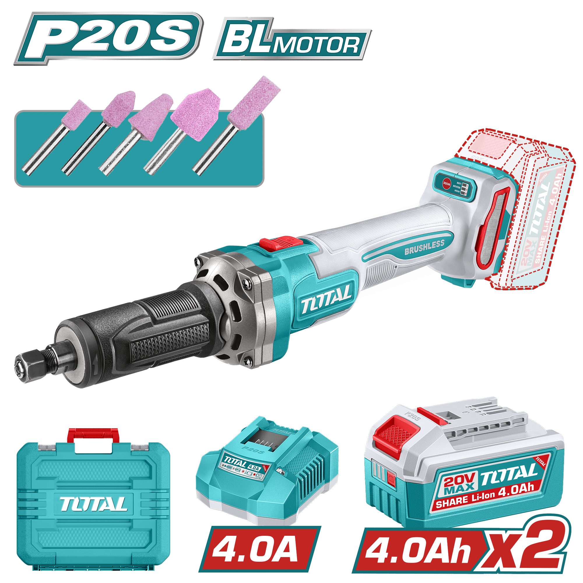 RECTIFICADORA 20V BL 10000-30000RPM COL: 6MM 2X4.0AH + ACC / MALETIN INDUSTRIAL